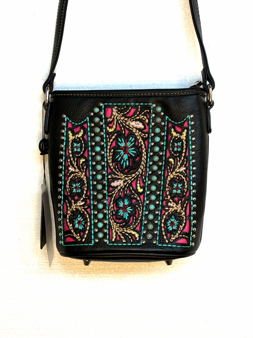 P&G Collection Embroidered & Studded Crossbody Bag Black Faux Leather